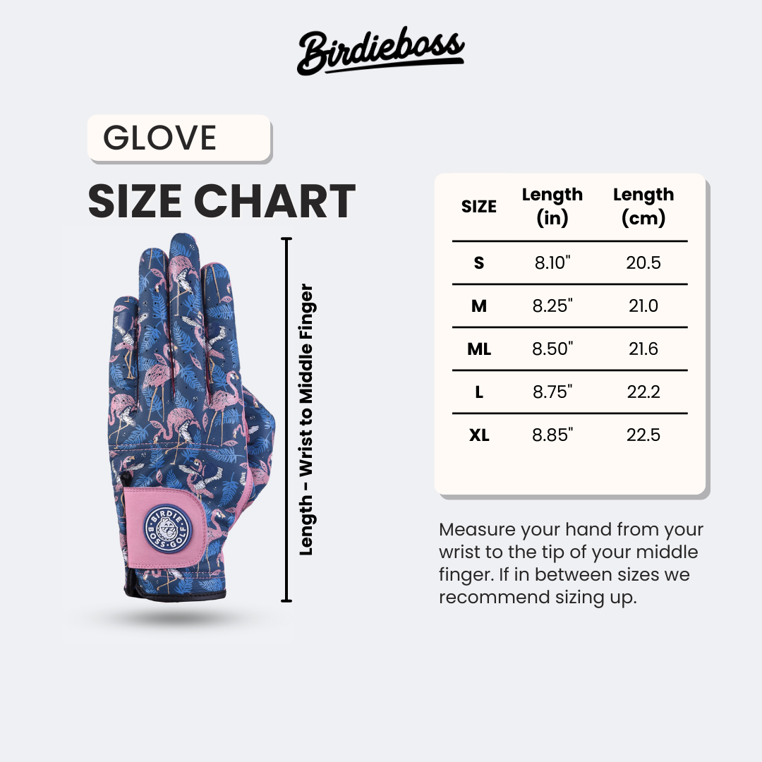 Glove length is measured from the wrist to the tip of the middle finger